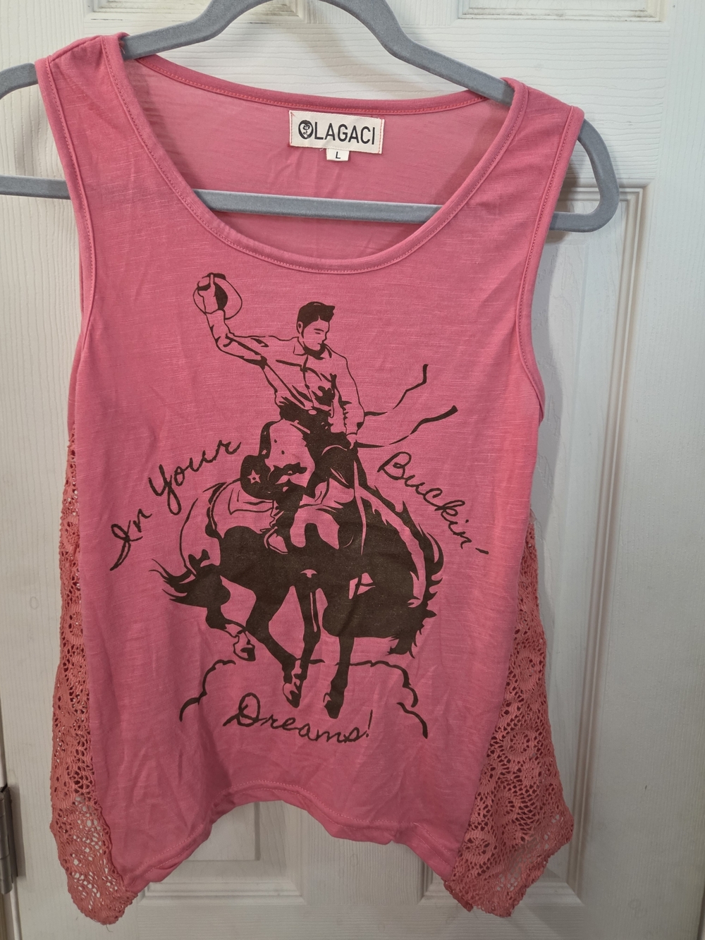 Western Cowgirl Graphic Tank Top with Crochet Sides Lagaci Pink #0190